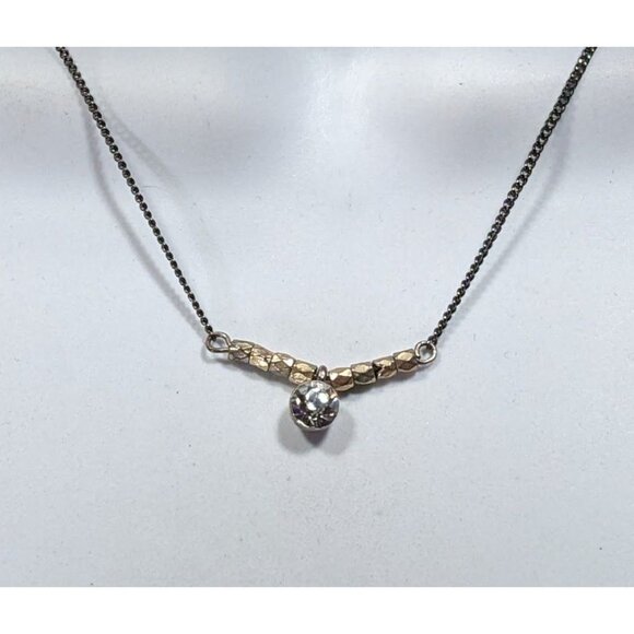 Minimalist Brutalist Silver And Gold Tone Rhinestone Pendant Necklace - Picture 4 of 6